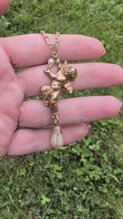 Vintage brass cherub angel pendant necklace with pearl