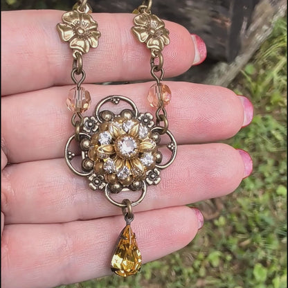 Vintage Sunflower Inspired Floral Necklace with Swarovski Light Topaz Crystal