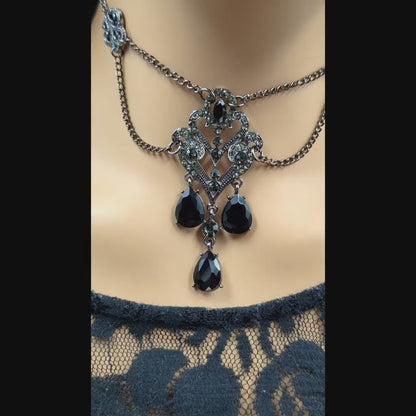 Vintage Crystal Chandelier Necklace with Emerald, Gray or Black Rhinestones, Vintage Jewelry, Gothic Jewelry