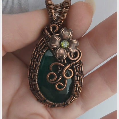 Emerald Beryl Faceted Wire Wrapped Stone Pendant Necklace with Flower and CZ crystal, Fairy Jewelry