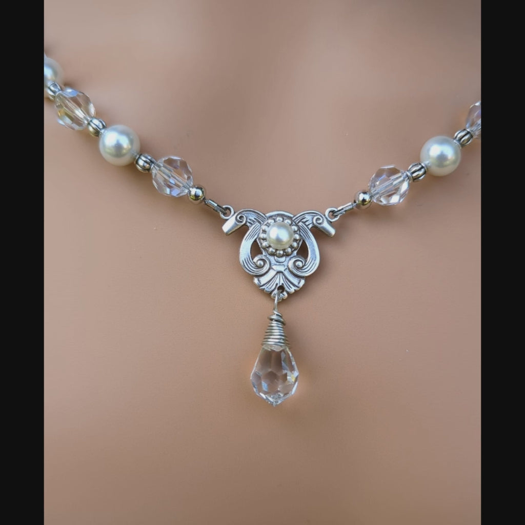 video of vintage pearl and crystal wedding necklace