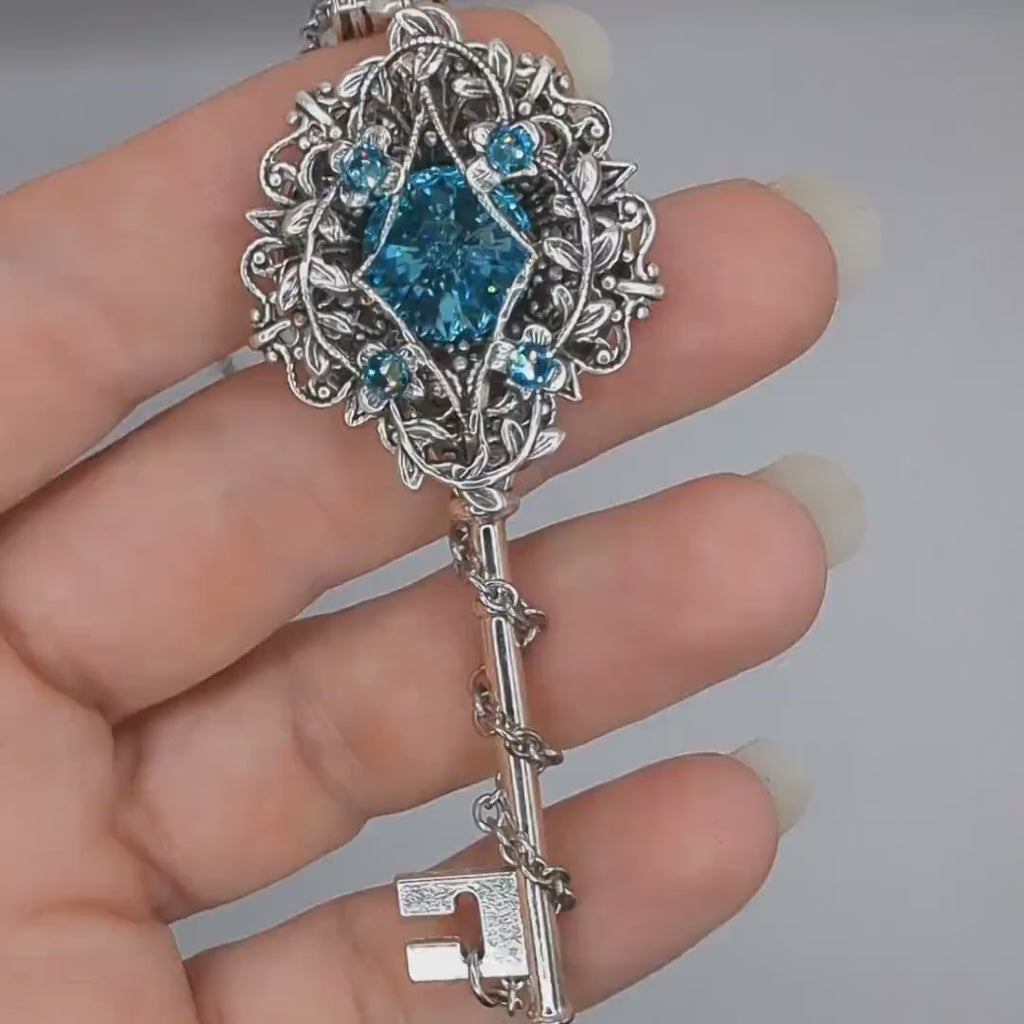Sterling Silver Aquamarine Elven Floral Fantasy Key Necklace made with Swarovski crystals, Elven Jewelry, Fantasy Jewelry