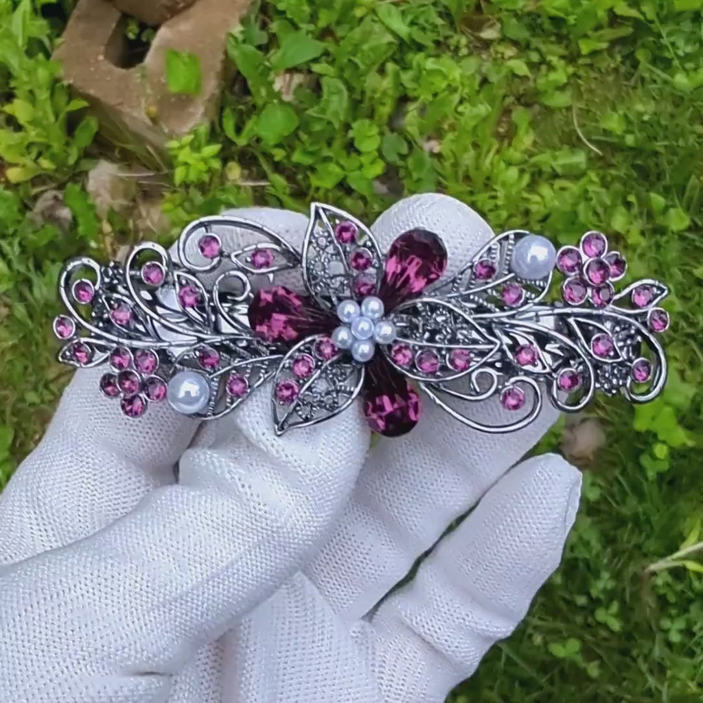 Swarovski Purple Amethyst Floral Crystal Hair Clips, Fancy Hair Barrettes, Bridal Hair Accessories, Hair Barrettes for Thick Hair