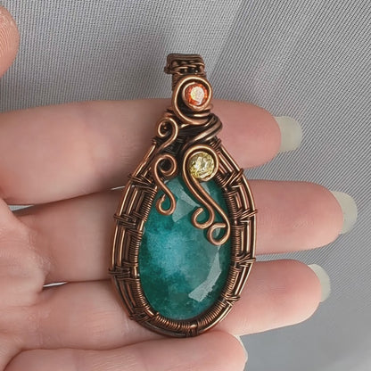 Faceted Emerald Green Beryl Wire Wrapped Agate Stone Pendant with CZ crystal accents, Wire Wrapped Jewelry, Fairy Jewelry