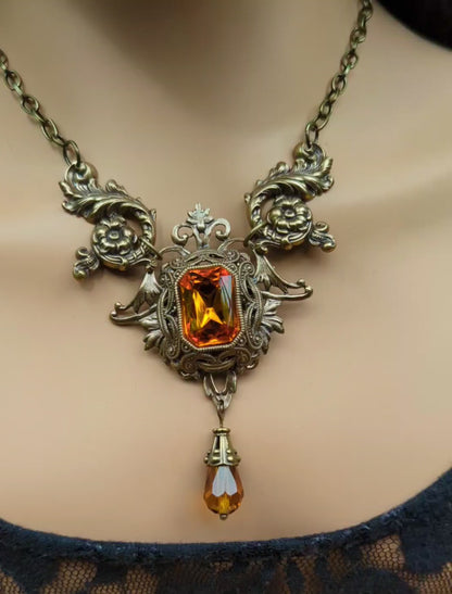 Orange Topaz Swarovski Crystal Necklace | Vintage Baroque Brass Jewelry, Romantic Gothic Fashion