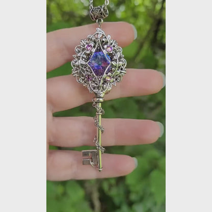 Fairycore Silver Key Necklace with Swarovski Crystal – Fantasy Floral Jewelry