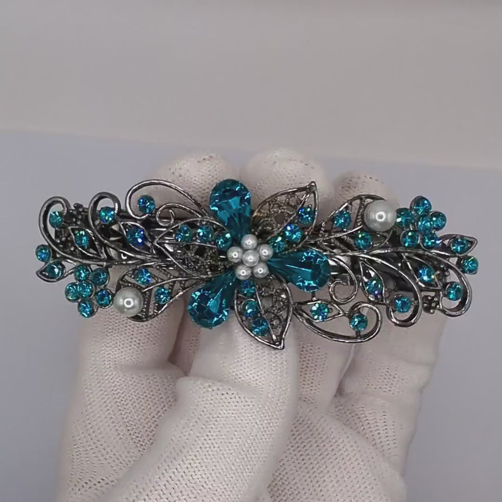 High Quality Vintage Elven Floral Hair Barrette made with vintage Teal colored (Blue Zircon) Swarovski crystals, Bridal Hair Jewelry
