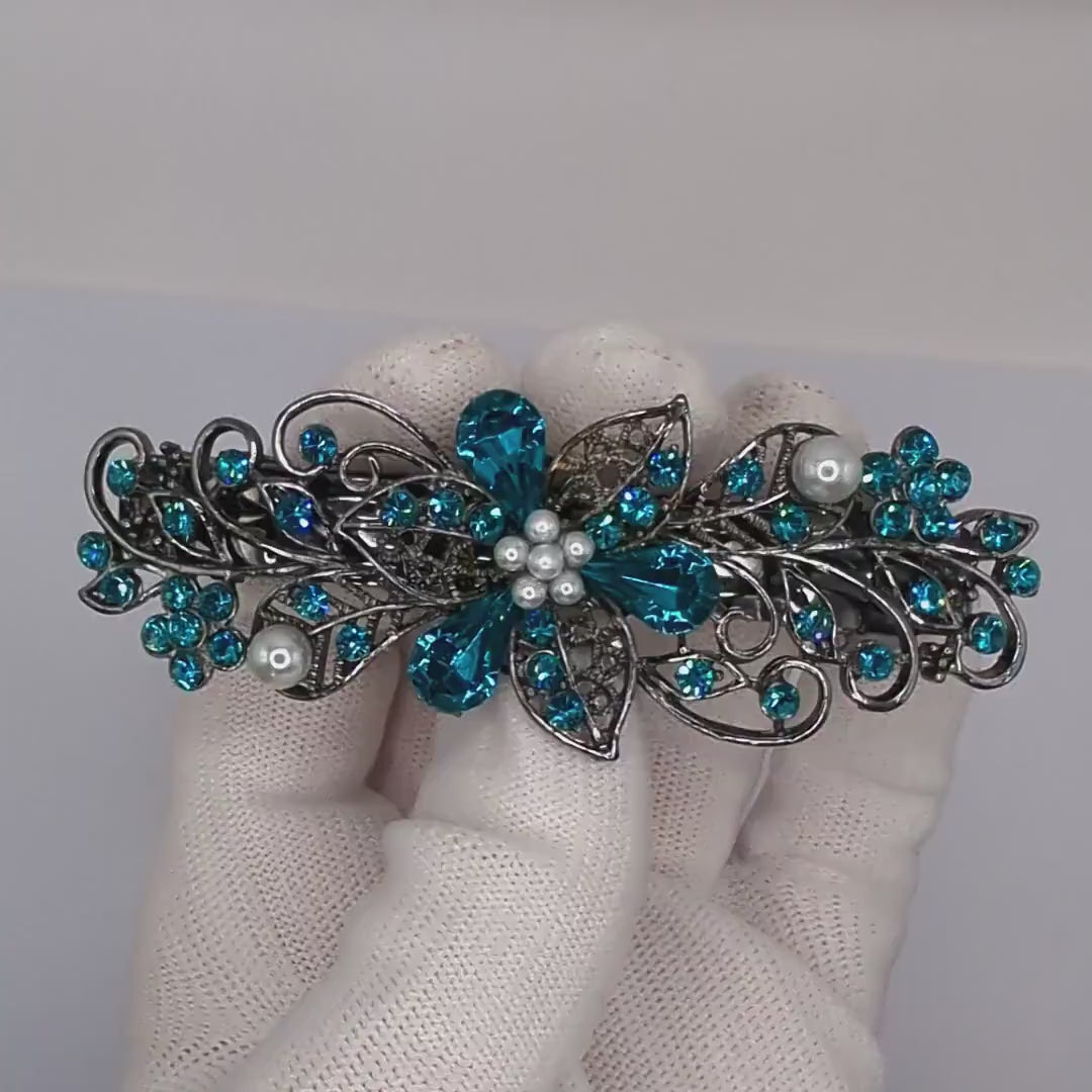High Quality Vintage Elven Floral Hair Barrette made with vintage Teal colored (Blue Zircon) Swarovski crystals, Bridal Hair Jewelry