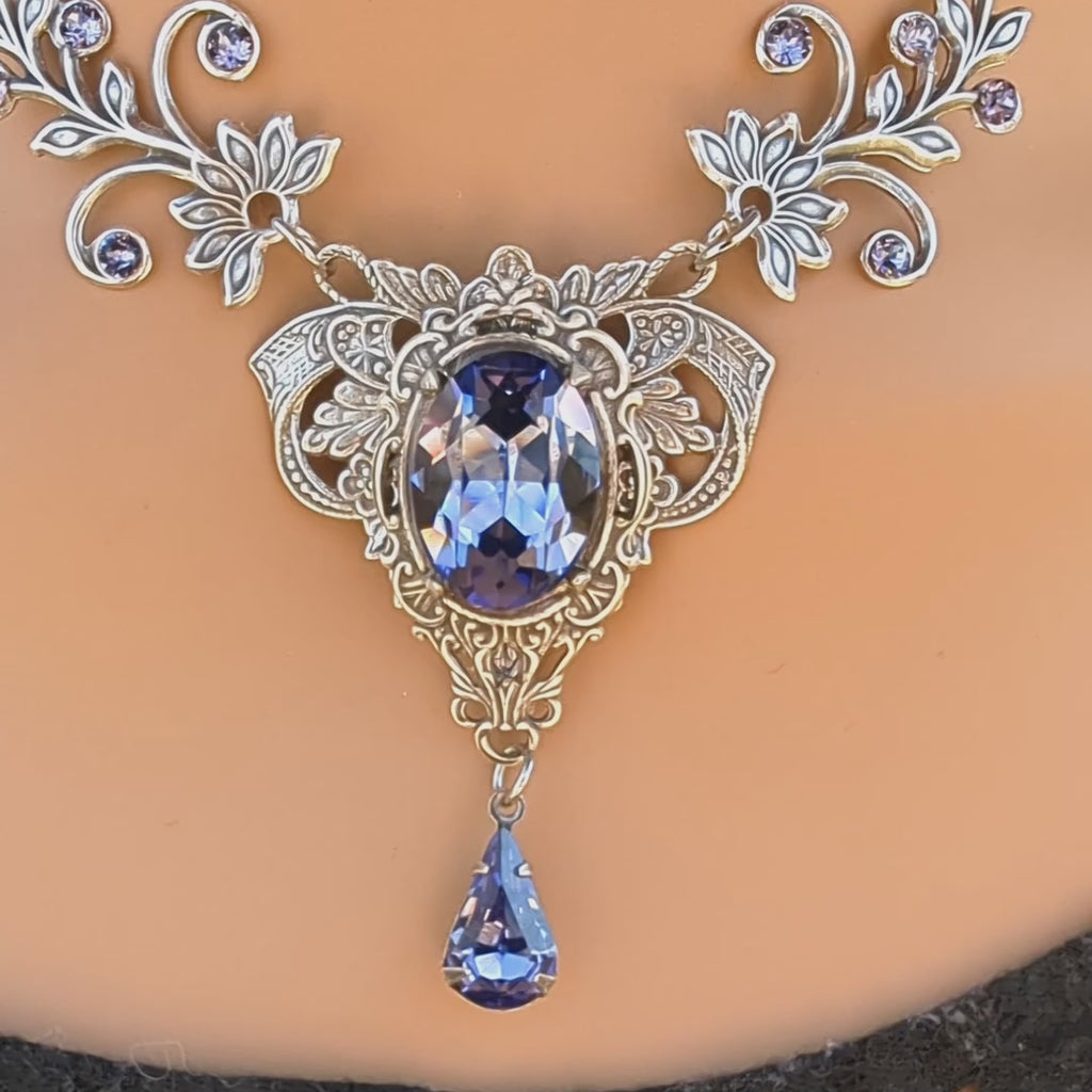 Vintage Sterling Silver Tanzanite Crystal Necklace made with Swarovski Crystals, Elven Jewelry, Eloquent formal jewelry, Bridal Jewelry