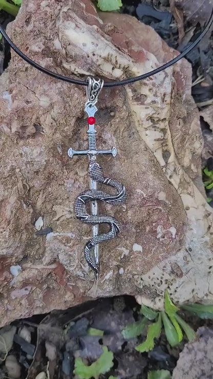 Gothic Silver Snake on Sword with Red Rhinestone Corded Necklace, Fantasy Jewelry, Goth Jewelry, Man Jewelry