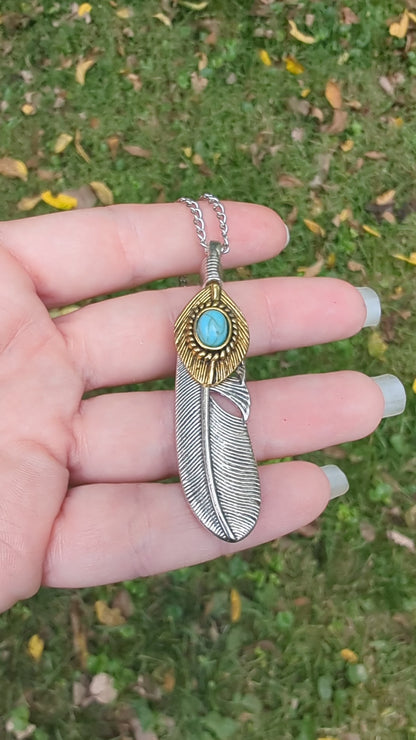 Rustic Western Silver Feather Pendant Necklace