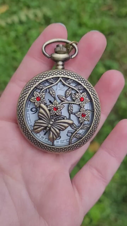 Butterfly Pocket Watch Necklace with Red Swarovski Rhinestones, Butterfly Jewelry