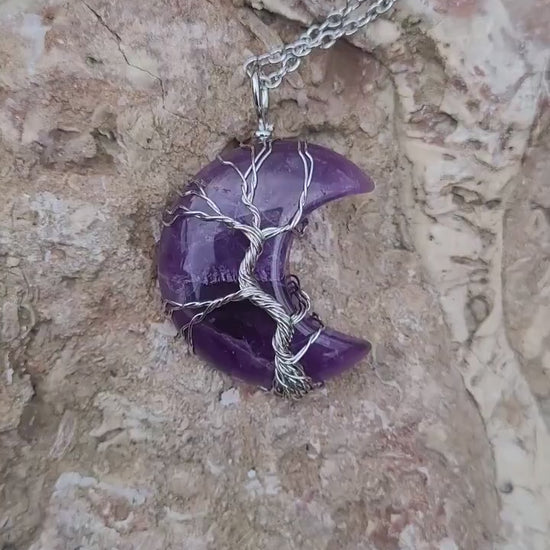 Natural Amethyst Stone Crescent Moon, Tree of Life Wire Wrapped Necklace, Healing Stones, Amethyst Necklace