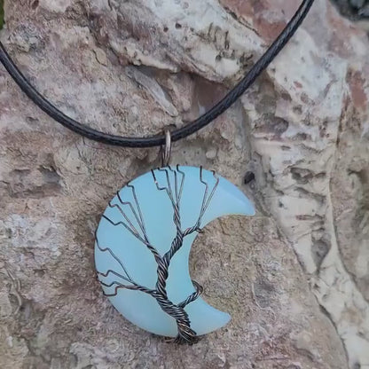Mystical Wire Wrapped Blue Crescent Moon Stone Necklace, Hippie Jewelry, Tree of Life Jewelry, Celestial Jewelry, Moon Jewelry