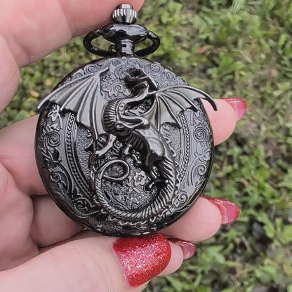 Dragon Pocket Watch Necklace | Gunmetal Gothic Fantasy Jewelry