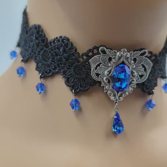 Vintage Sapphire Choker Necklace made with Swarovski Crystals, Gothic Jewelry, Victorian Jewelry