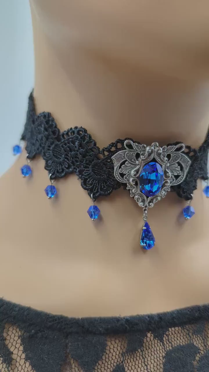 Vintage Sapphire Choker Necklace made with Swarovski Crystals, Gothic Jewelry, Victorian Jewelry