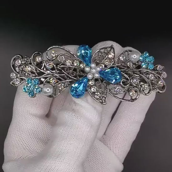 High Quality Elven Floral Hair Barrette made with blue Aquamarine Swarovski crystals, Bridal Hair Jewelry, Vintage Hair Clip