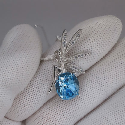 Sterling Silver Fairy Pendant with Swarovski Aquamarine Crystal, Fantasy Jewelry