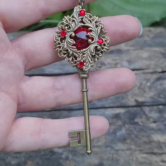 Elven Vintage Floral Fantasy Key Necklace made with Scarlet Swarovski crystals.  Magical Jewelry.  Fantasy Jewelry.