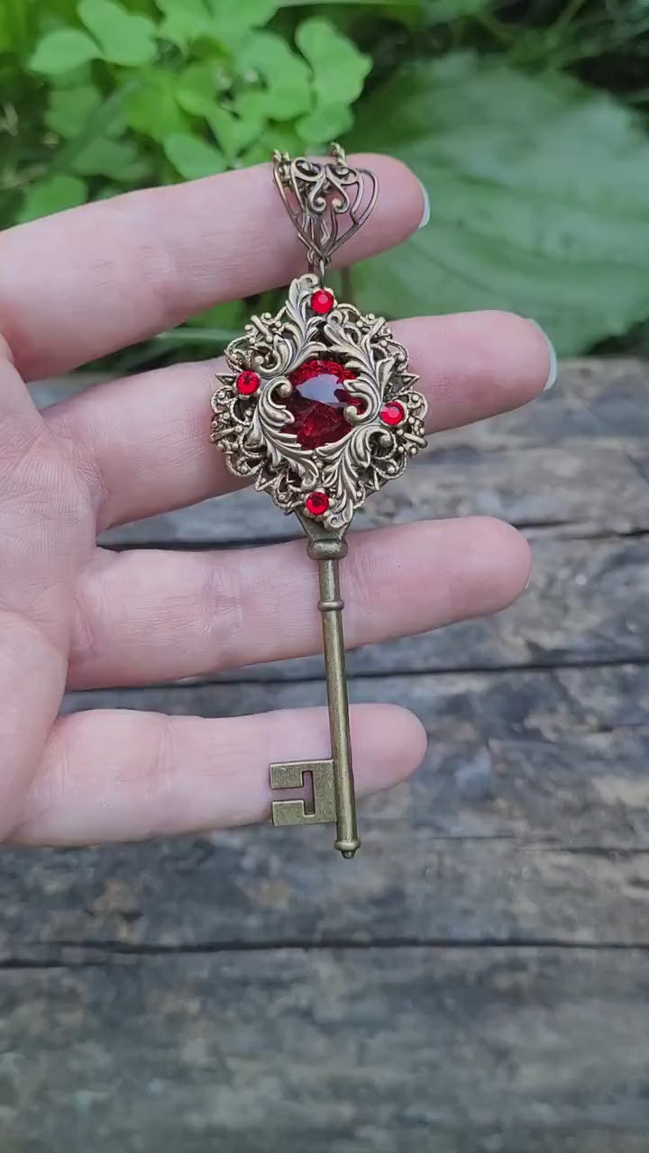 Elven Vintage Floral Fantasy Key Necklace made with Scarlet Swarovski crystals.  Magical Jewelry.  Fantasy Jewelry.