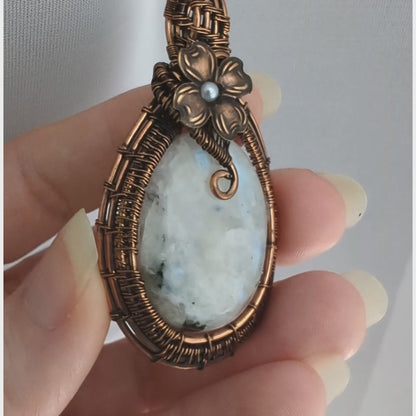 Wire Wrapped Natural Rainbow Moonstone Pendant Necklace with Flower Accent, Handmade Artisan Jewelry
