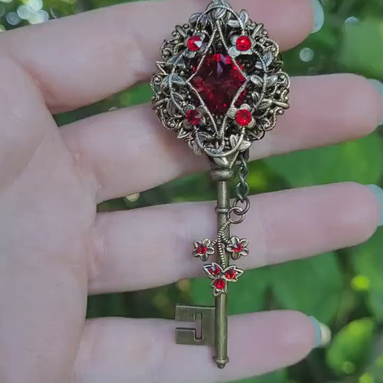 Vintage Elven floral bronze fantasy key necklace made with Scarlet Swarovski crystals.  Fantasy jewelry.  Magical Jewelry