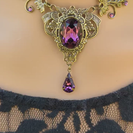 Vintage Amethyst floral crystal necklace made with Swarovski crystals. Wedding Jewelry Set. Bridal jewelry jewelry