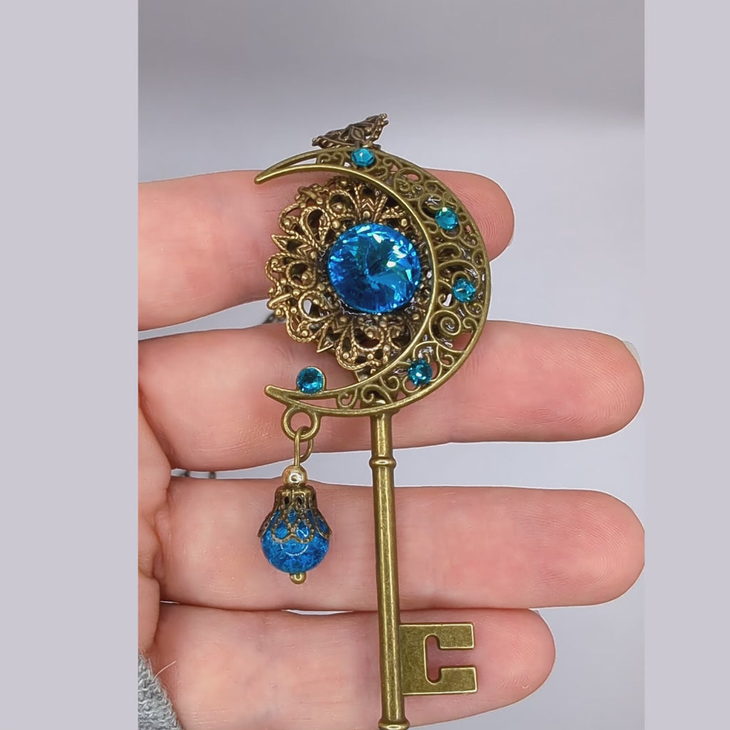 Handmade Magical fantasy moon key necklace with high quality blue crystals.  Magical jewelry.  Fantasy jewelry.