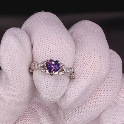 Amethyst CZ (Cubic Zirconia) Heart Engagement Promise Ring with Leaf Detail: White Gold Sterling Silver