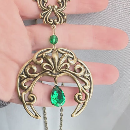 Emerald Green Swarovski Crystal Crescent Moon Necklace – Gothic Brass Moon Pendant – Art Nouveau Celestial Statement Jewelry