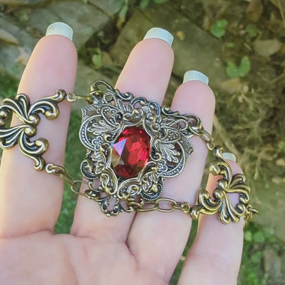 Gothic Vintage Brass Bracelet with Red Siam Swarovski Crystal | Adjustable Victorian Style Jewelry