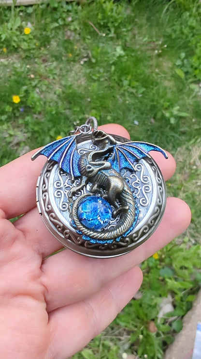Blue Opal Dragon Locket Necklace, Gothic Fantasy Keepsake Pendant