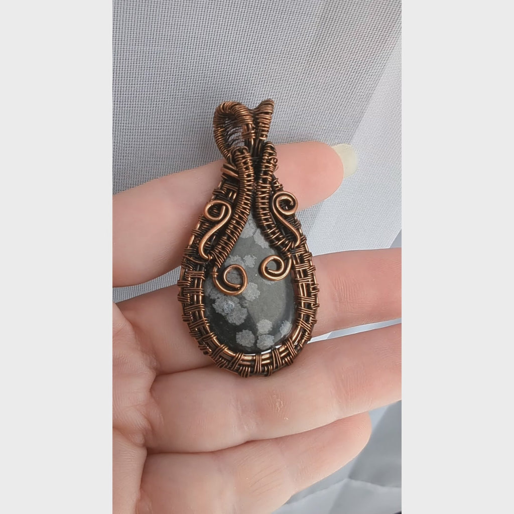 Snowflake Obsidian Stone Copper Wire Wrapped Pendant Necklace, Obsidian Jewelry