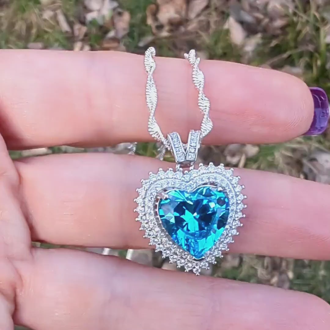 Dainty 925 Sterling Silver Blue Topaz CZ Heart Necklace and Earring Set, Blue Topaz Jewelry, Bridal Gift Set