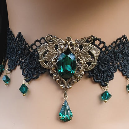 Gothic Swarovski Crystal Emerald Choker Necklace with Double Hand Sewn Black Lace.  Prom jewelry