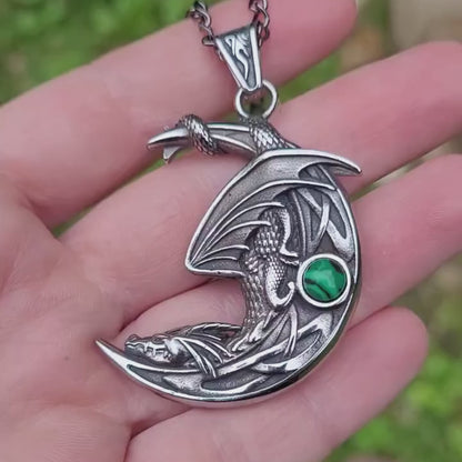 Sleeping Dragon Moon Pendant Necklace | Reversible Fantasy Dragon Jewelry