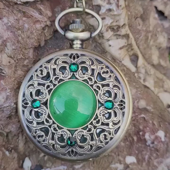 Vintage Quartz Pocket Watch Necklace with Emerald Swarovski Rhinestones.
