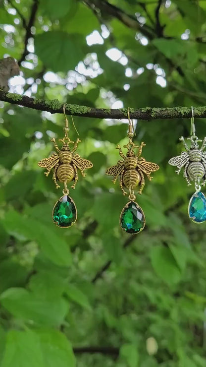 Bumblebee dangle earrings in gold and silver with Emerald and Turquoise Crystals, Bumblebee jewelry, Nature Jewelry, Hippie Jewelry