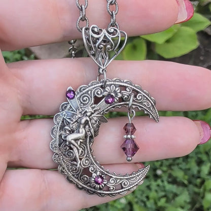 Gothic Fairy Moon Necklace | Amethyst Swarovski Crystal Pendant, Fantasy Jewelry