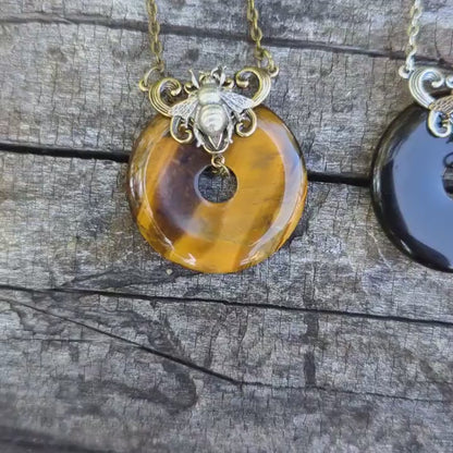 Natural Aventurine donut shaped stone with Sterling Silver plated Brass bumble bee necklace.