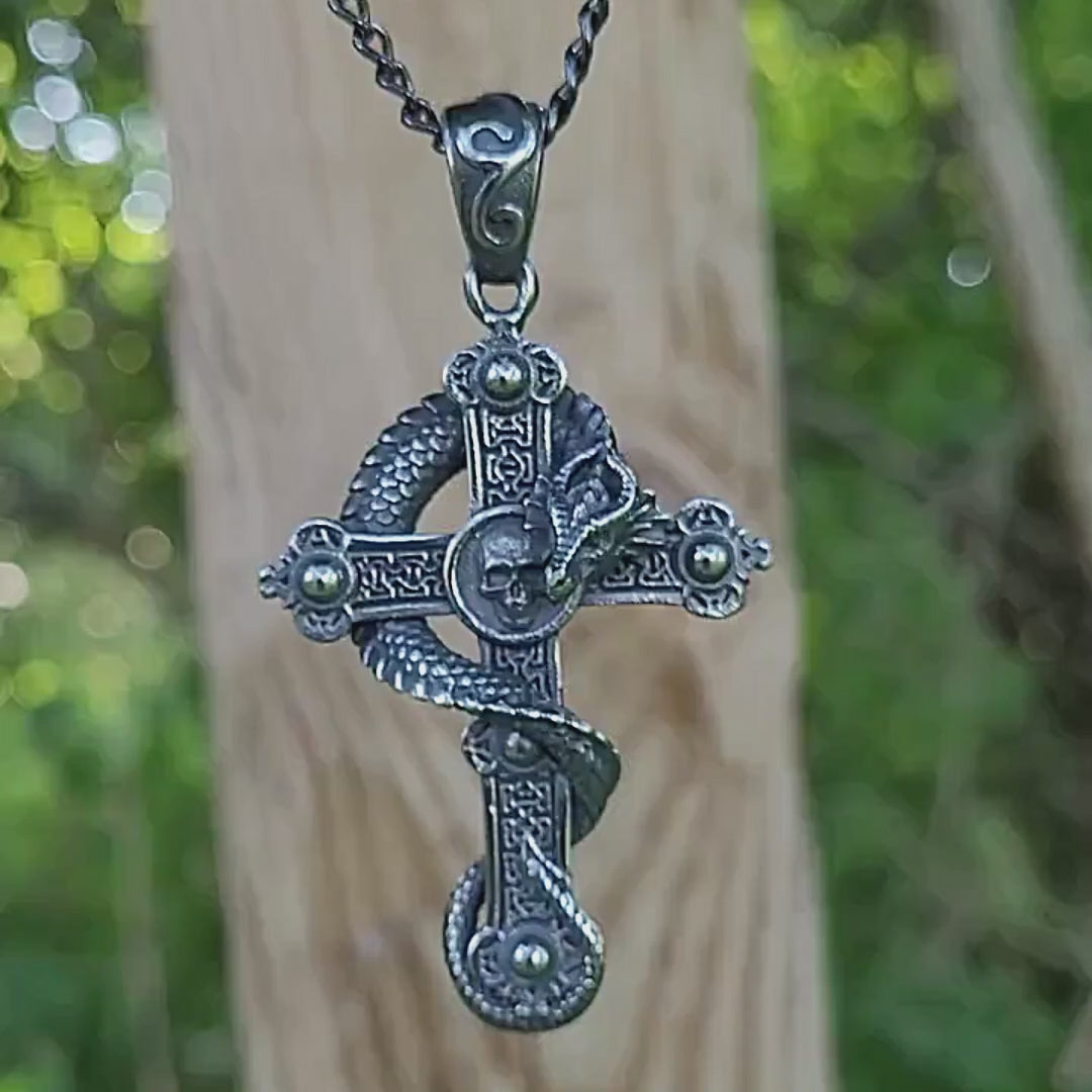 Gothic Cross Fantasy Jewelry pendant with dragon and skull