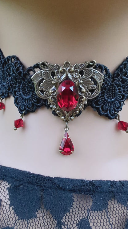 Vintage Red Crystal Lace Choker Necklace made with Swarovski Crystals, Gothic Jewelry, Vintage Jewelry
