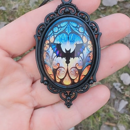 Gothic Bat and Pumpkin Halloween Cameo Pendant Necklace, Halloween Jewelry