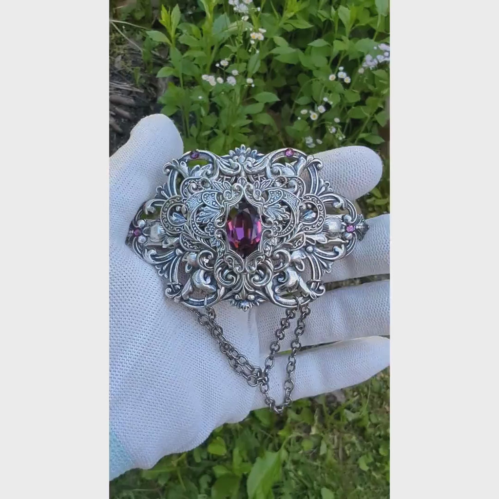 Gothic Sterling Silver Hair Barrette with Vintage Amethyst Crystal, Purple Vintage Hair Clip, Bridal Hair Accessory