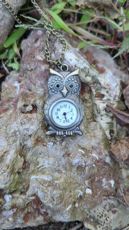 Owl Pocket Watch Necklace, Owl Jewelry, Owl Clock