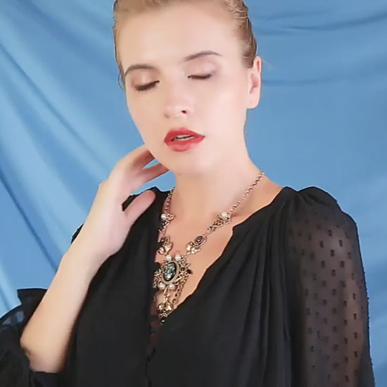 Vintage Rhinestone and pearl Statement Necklace with Black Opal Replica, Vintage Jewelry