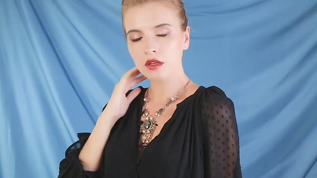 Vintage Rhinestone and pearl Statement Necklace with Black Opal Replica, Vintage Jewelry