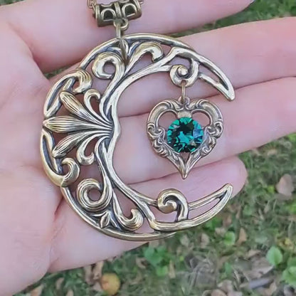 Vintage Brass Crescent Moon Pendant Necklace with Red or Emerald Swarovski Crystal on Heart
