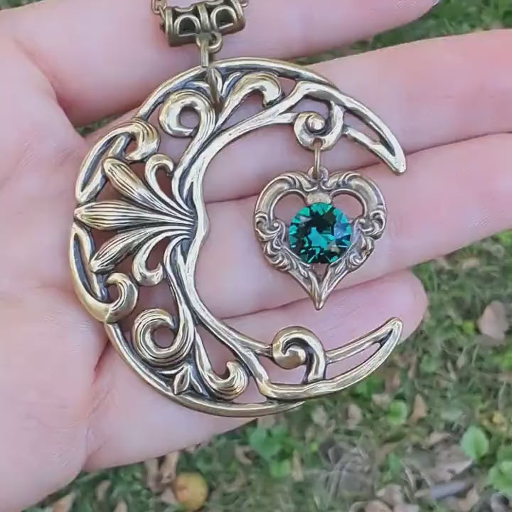 Vintage Brass Crescent Moon Pendant Necklace with Red or Emerald Swarovski Crystal on Heart